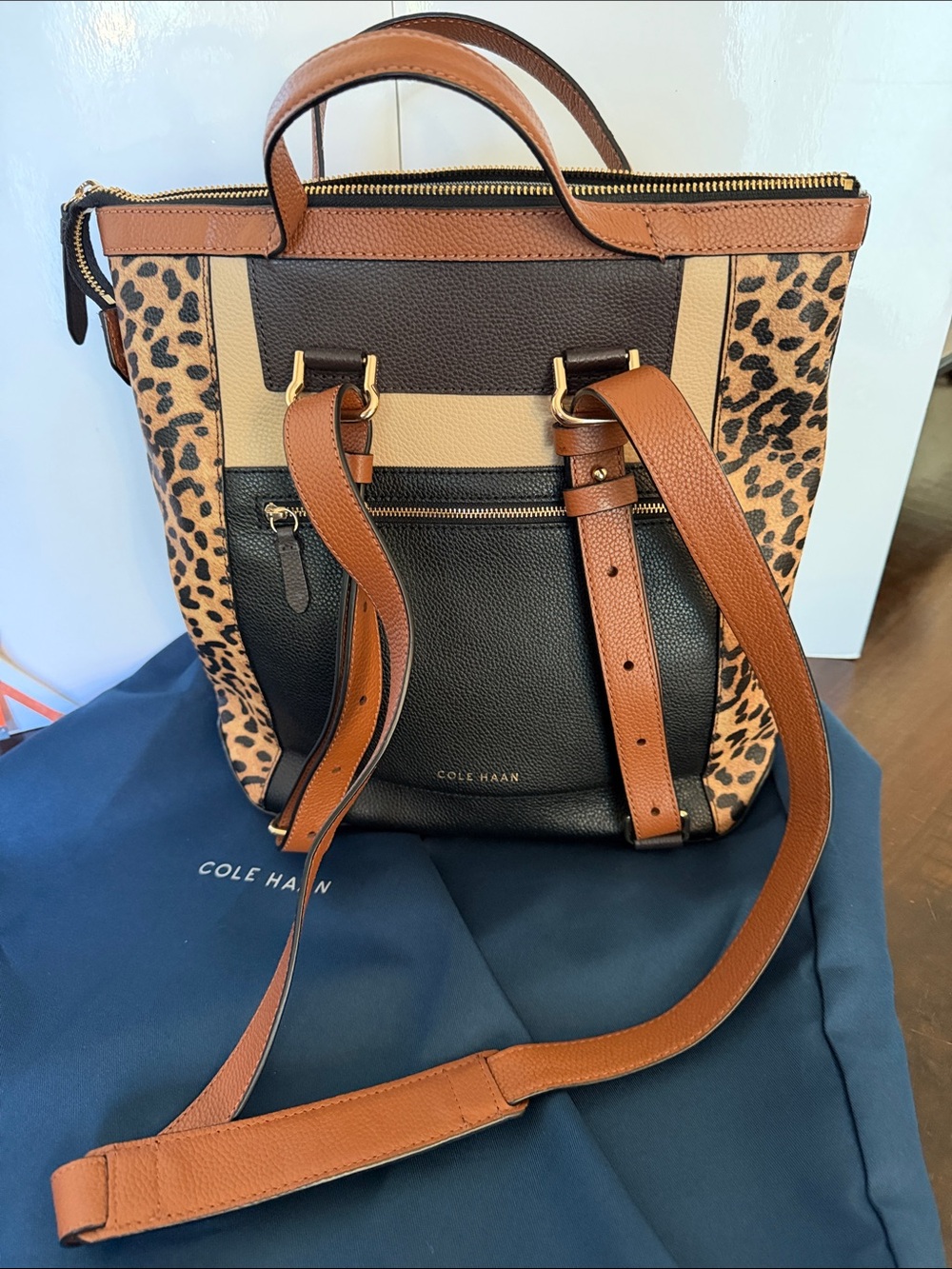 Cole Haan Leopard-Accent Pebbled Leather Backpack in Black and Brown